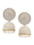 Traditional white meenakari jhumkas with pearl drops for little girls.