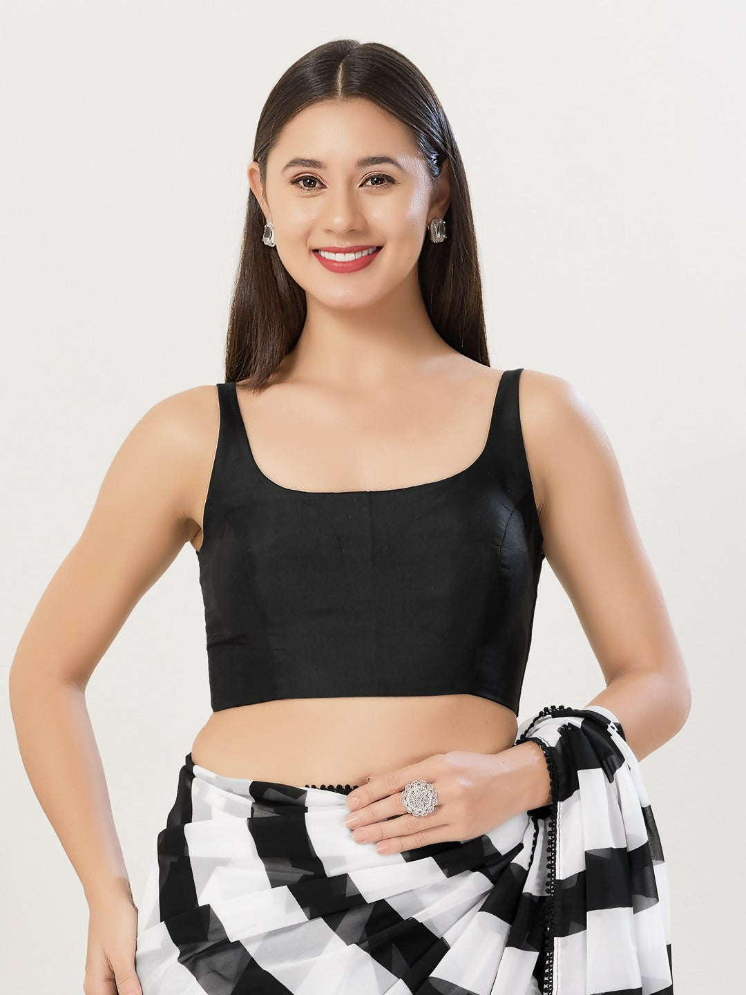Women's Black Jacquard Square Neck Stitched Blouse with woven texture