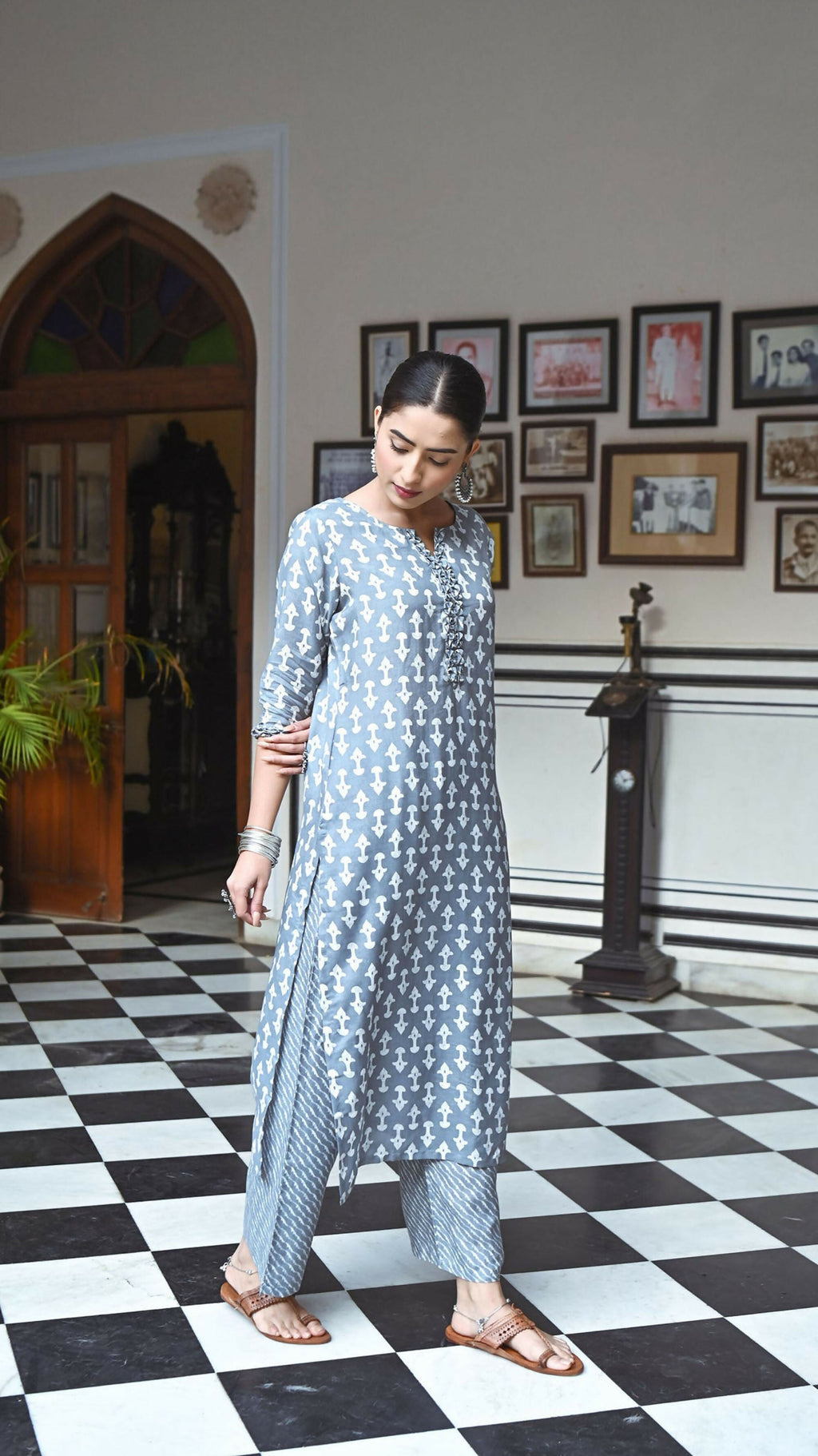Women's Grey Pure Muslin A-Line Kurta and Plazo Set with Print