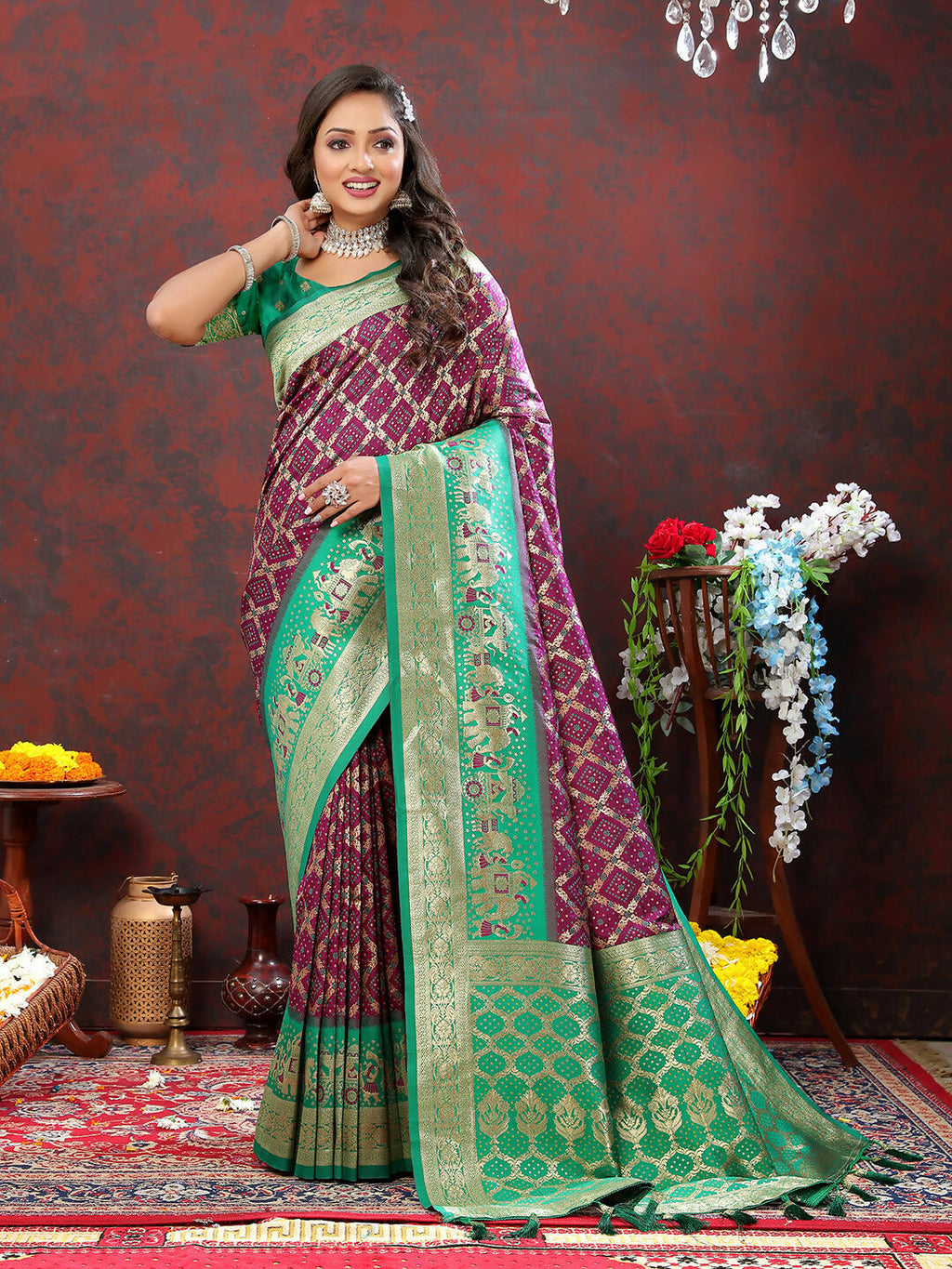 Wine & Green Patola Silk Saree with Meenakari Woven Design