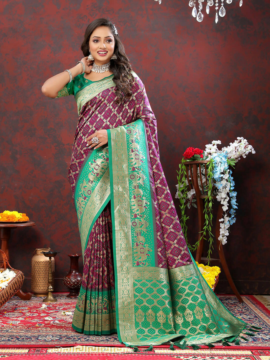 Wine & Green Patola Silk Saree with Meenakari Woven Design