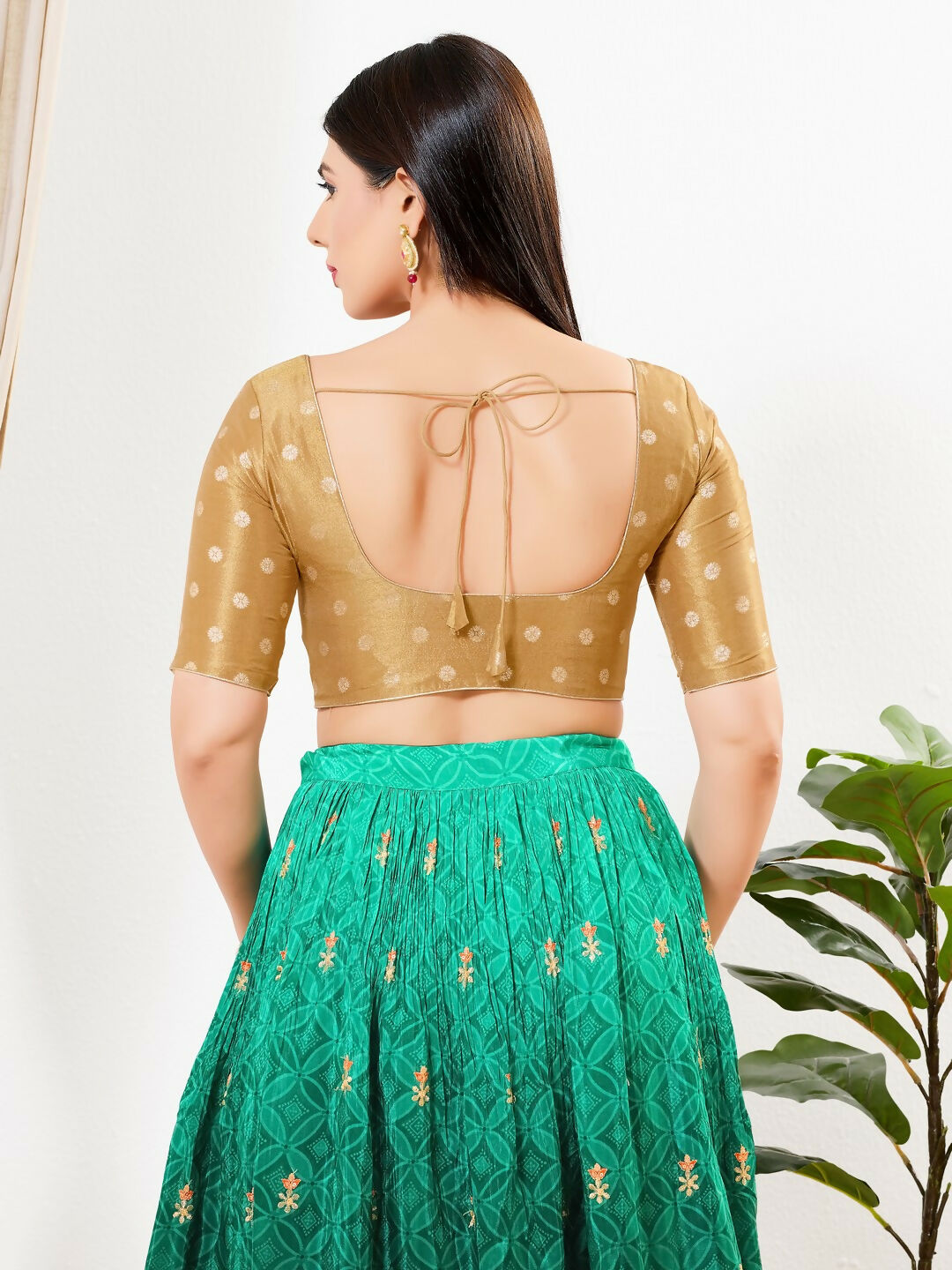 Gold Tissue Padded Blouse with Round Neck & Elbow Sleeves