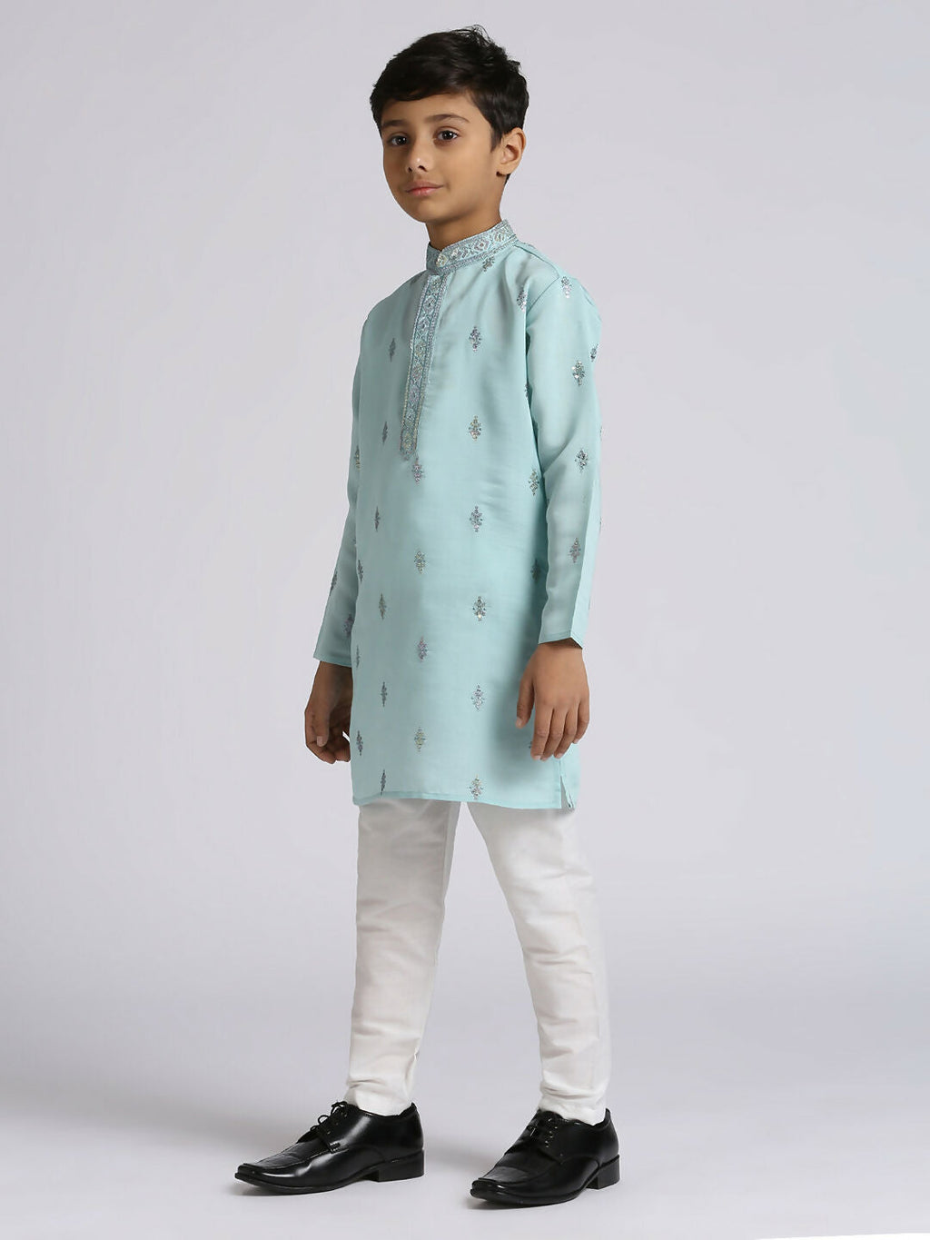 Boys Teal Blue Silk Sequence Embroidery Kurta and Pyjama Set
