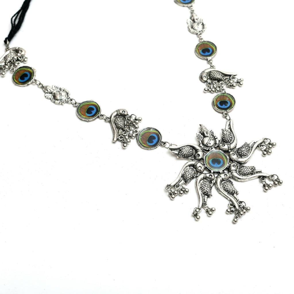 Peacock Design Oxidised Silver-Plated Long Necklace Set