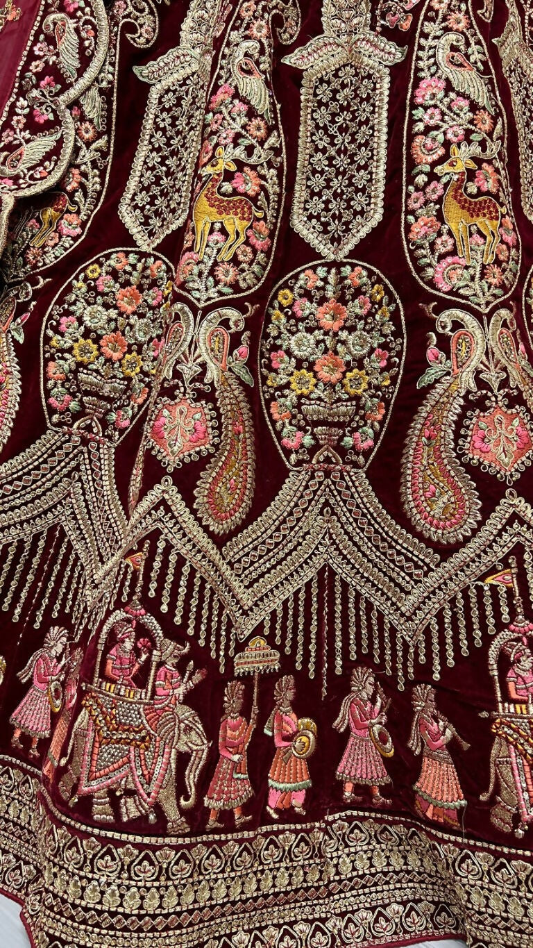 Maroon Velvet Wedding Lehenga Choli with Zircon Diamond Work