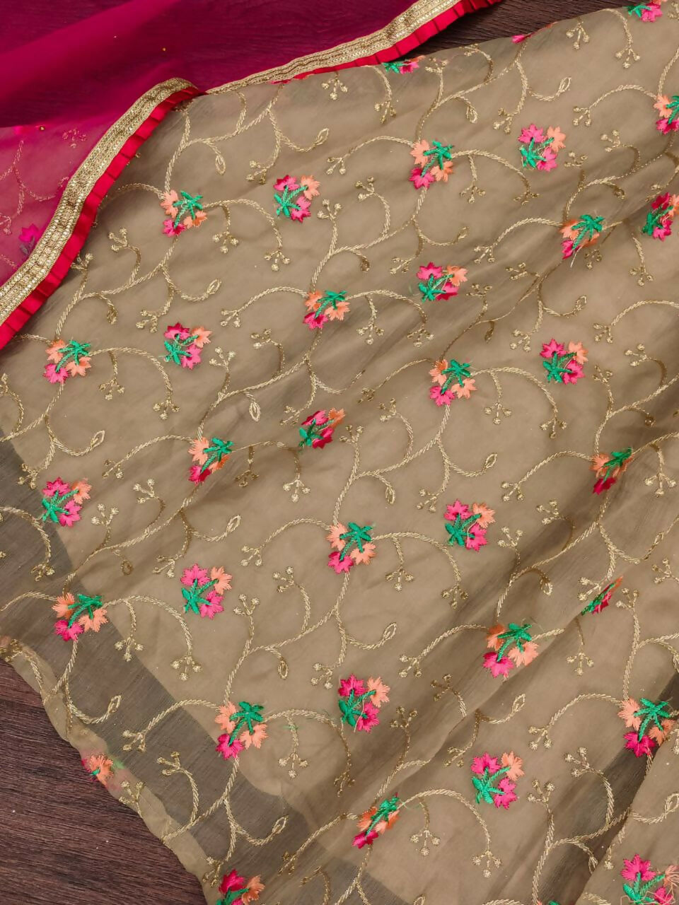 Girls Beige Organza Silk Embroidered Lehenga Choli Set