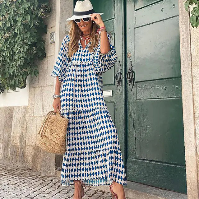 Women's Diamond Print Maxi Dress with V-Neck and Puff Sleeves - Image 3