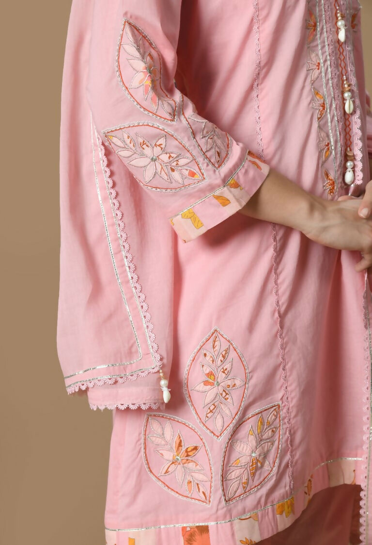 Pink Cotton Kurta Set with Organza Dupatta - 3 Piece Ethnic Set