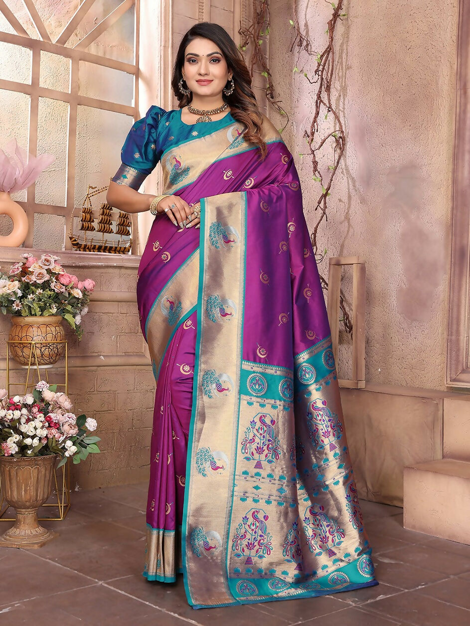Purple Paithani woven soft silk saree with intricate traditional patterns