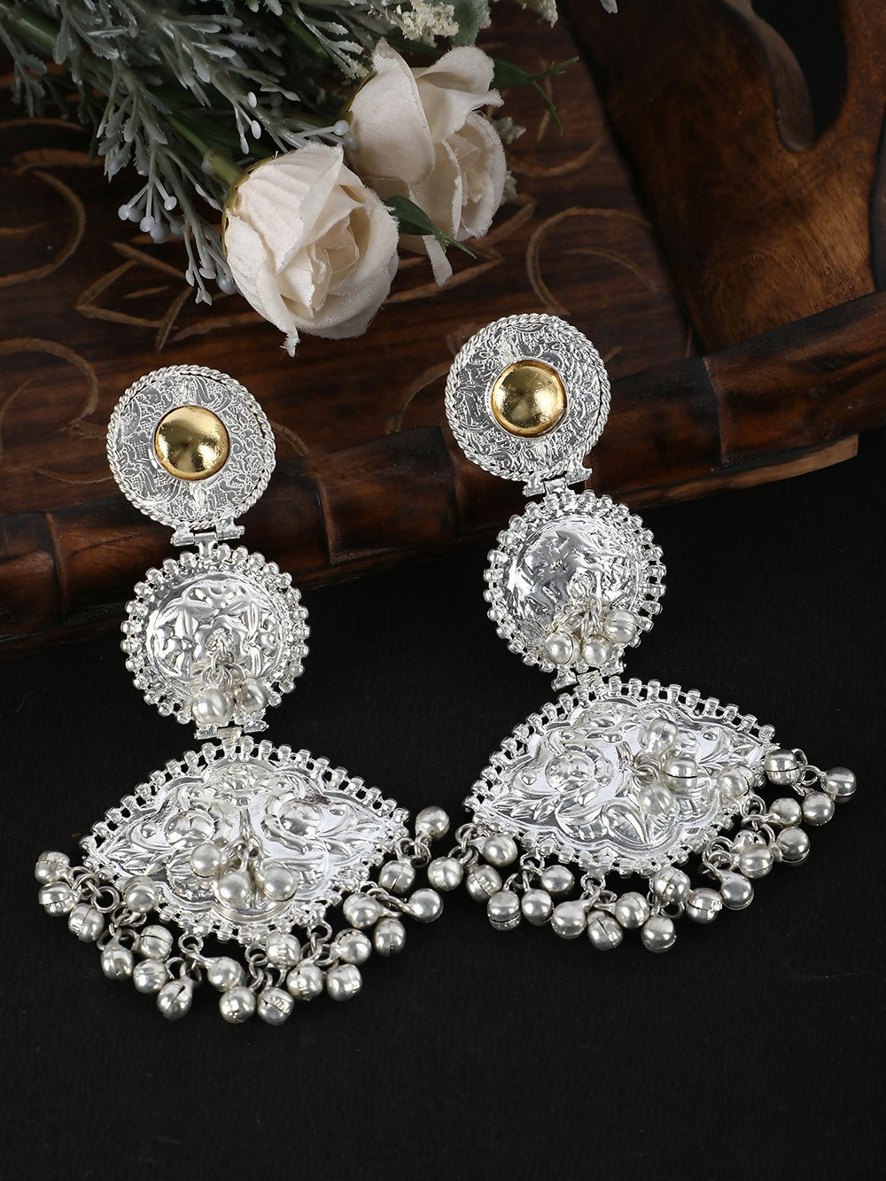 Handcrafted Silver Tone Intricate Pattern Drop Earrings with Stones