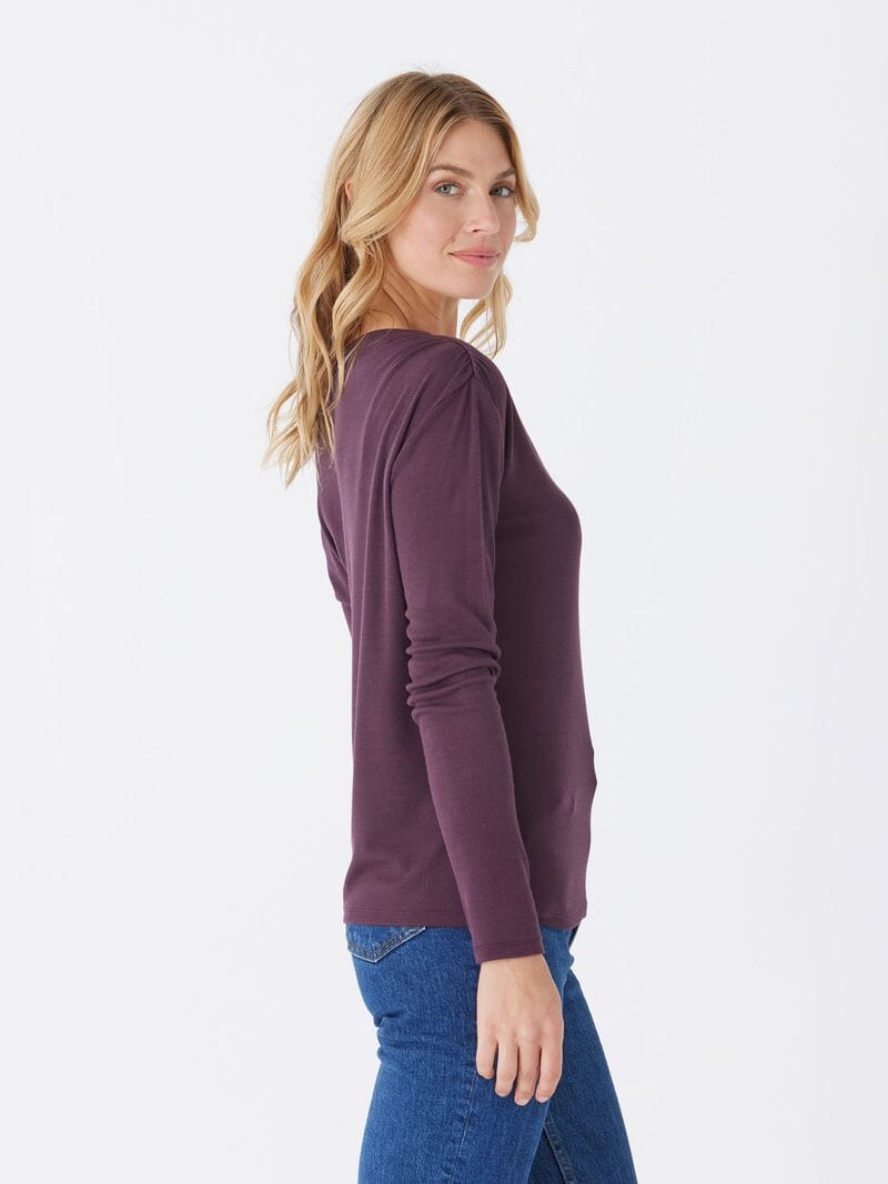 Leoni Feather Rib Long Sleeve Off-Shoulder Top in Dark Purple