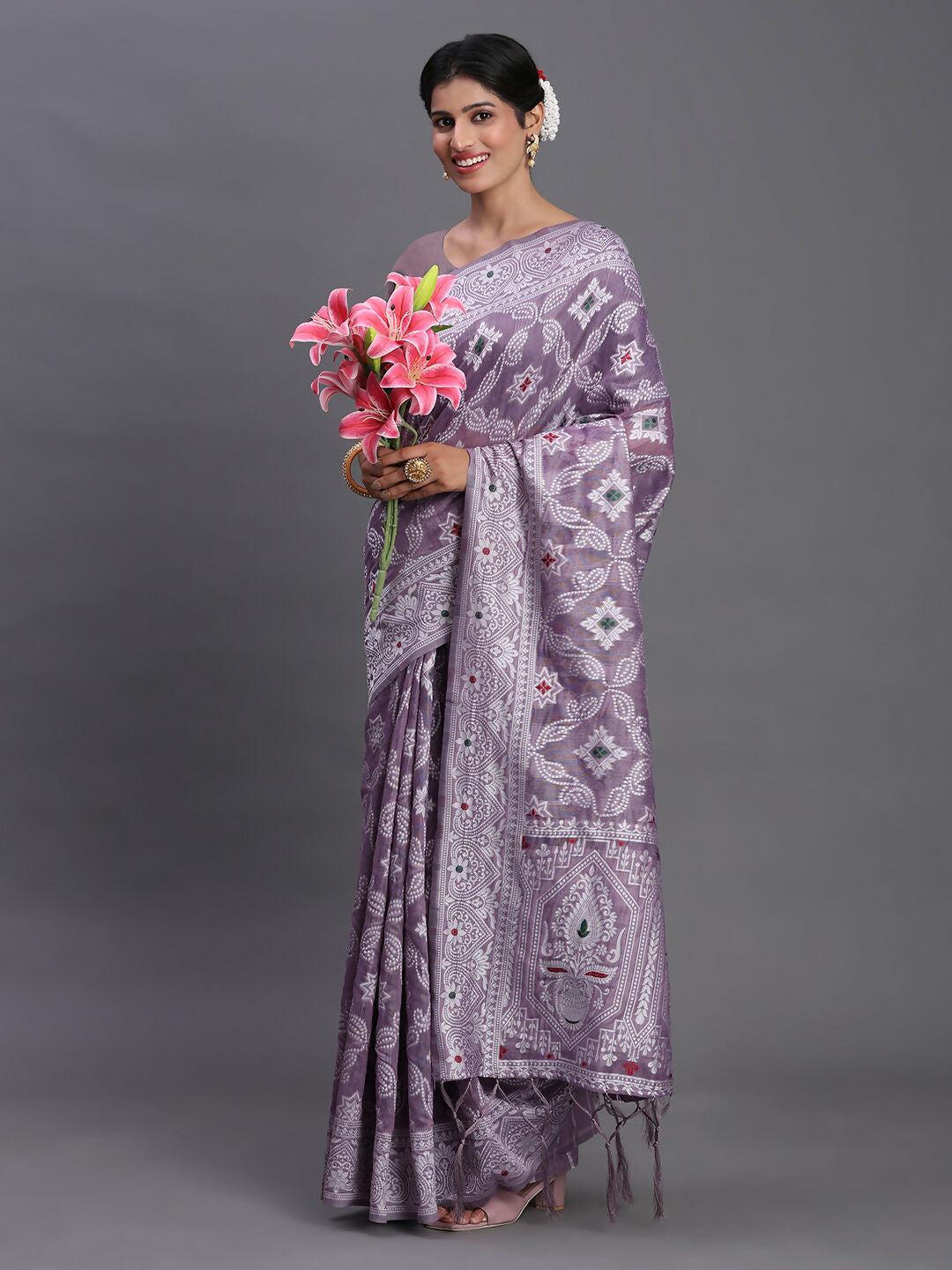 Violet Linen Cotton Saree with Traditional Ethnic Patterns