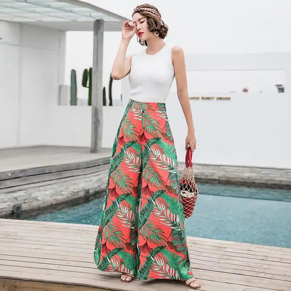 Women High Waist Wide Leg Tropical Print Chiffon Summer Pants - Image 6