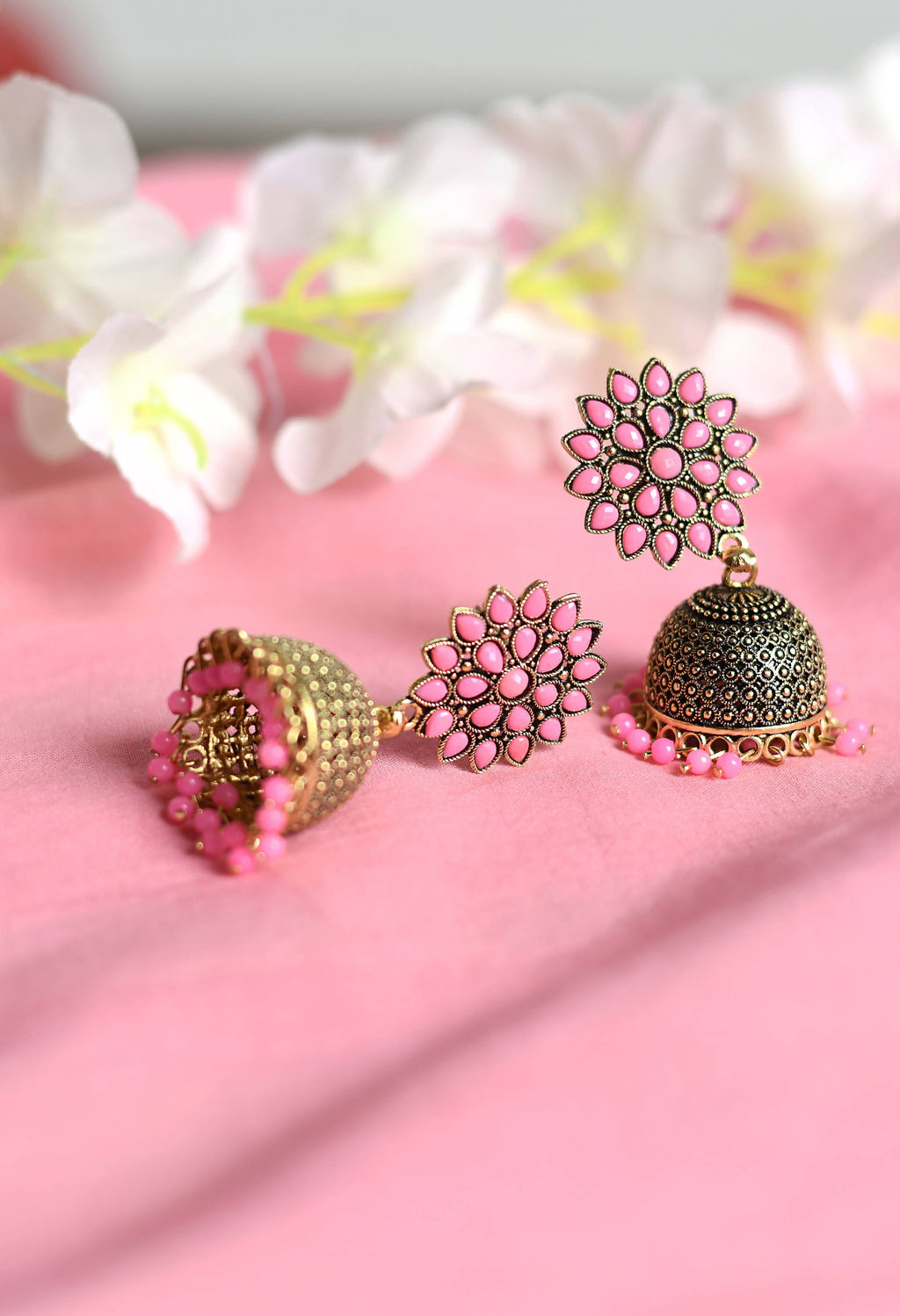 Baby Pink Kundan Work Jhumka Earrings for Kids and Women