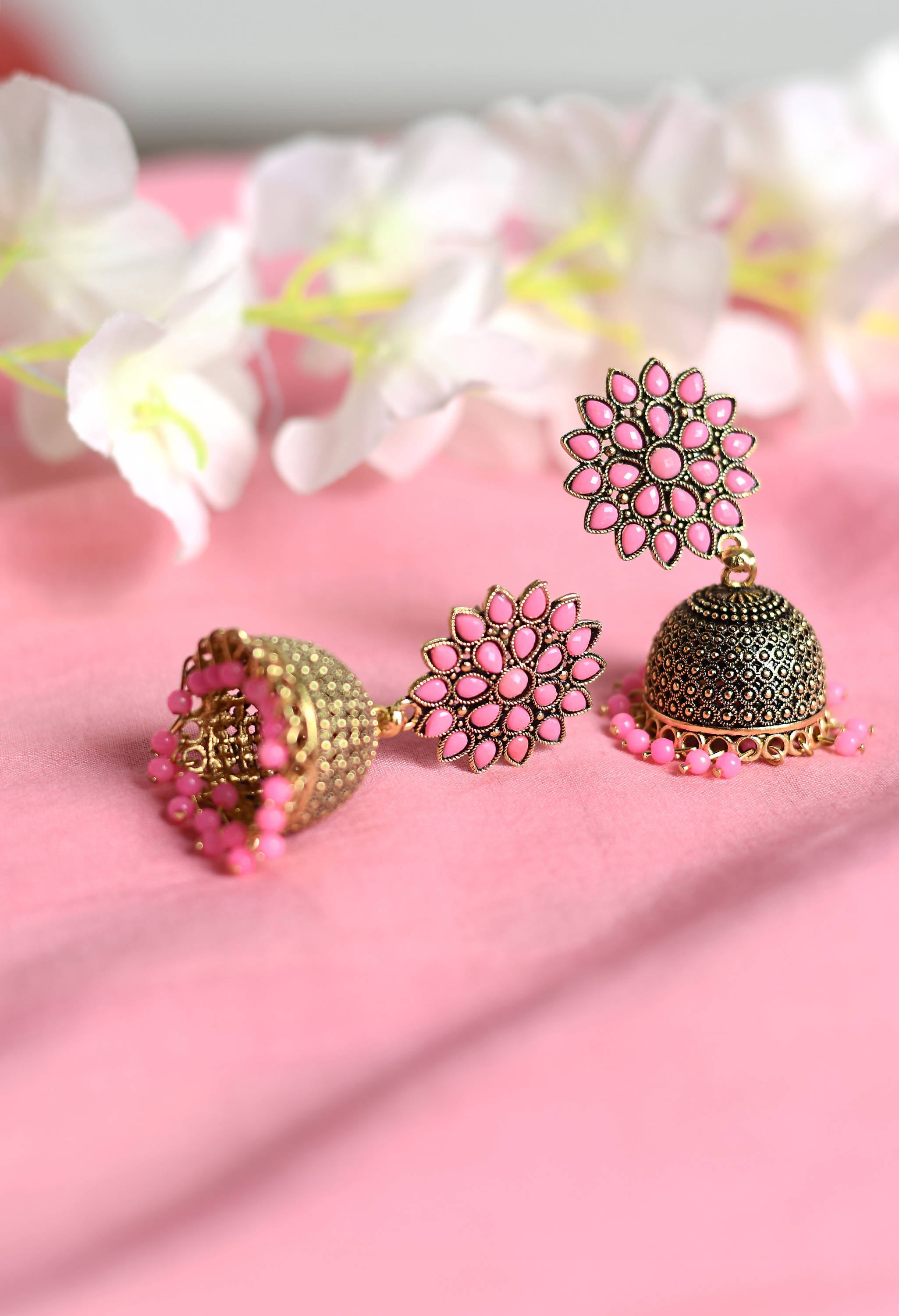 Baby Pink Kundan Work Jhumka Earrings for Kids and Women