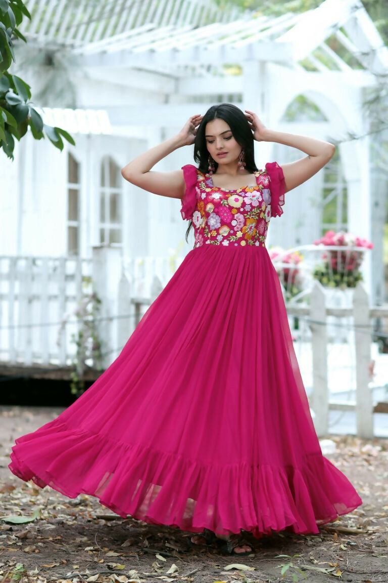 Women's Rani Pink Sequins Embroidered Faux Blooming Anarkali
