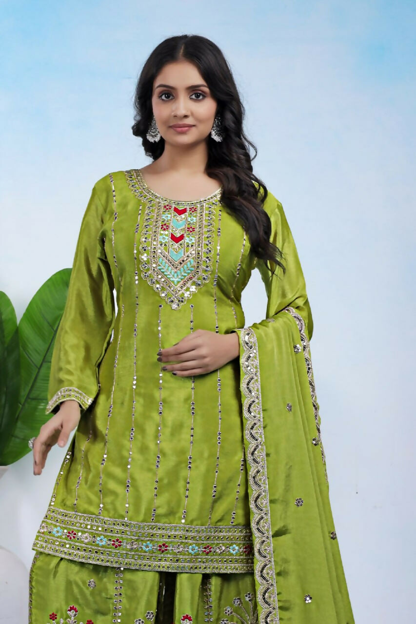 Green Silk Embroidered Sharara Set with Stitched Kurti