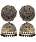 Black gold-polished Meenakari jhumka earrings with pearl details