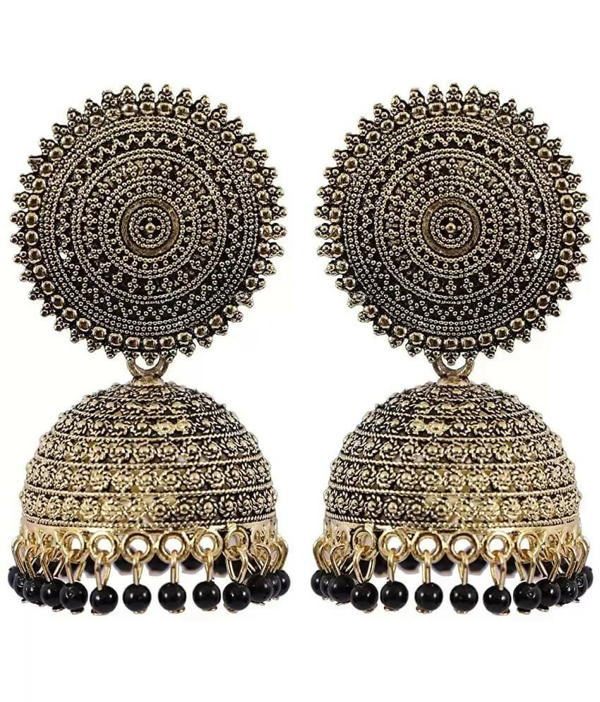 Black gold-polished Meenakari jhumka earrings with pearl details
