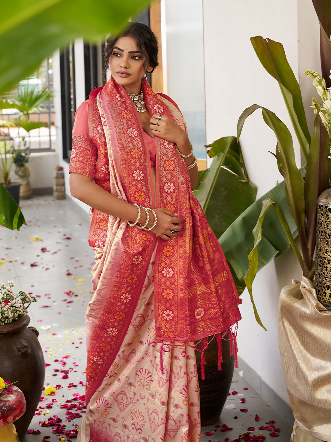 Cream Soft Silk Saree with Contrast Red Blouse Piece