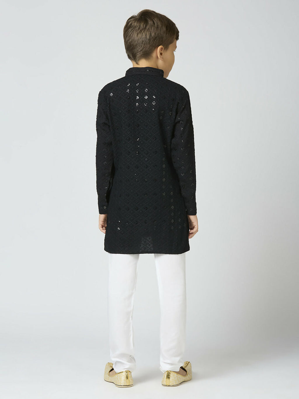 Boys Cotton Kurta and Pyjama Set with Sequin Work - Black