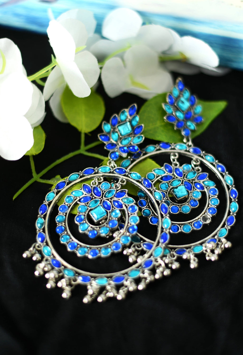 Blue Kundan Circle Dangle Earrings for Women and Girls
