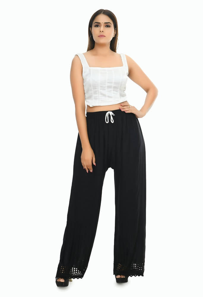 Black Cut Work Border Palazzo Pants in Rayon Cotton