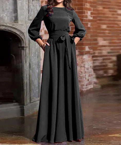 Women's Round Neck Long Sleeve Maxi Dress with Waist Tie - Image 3