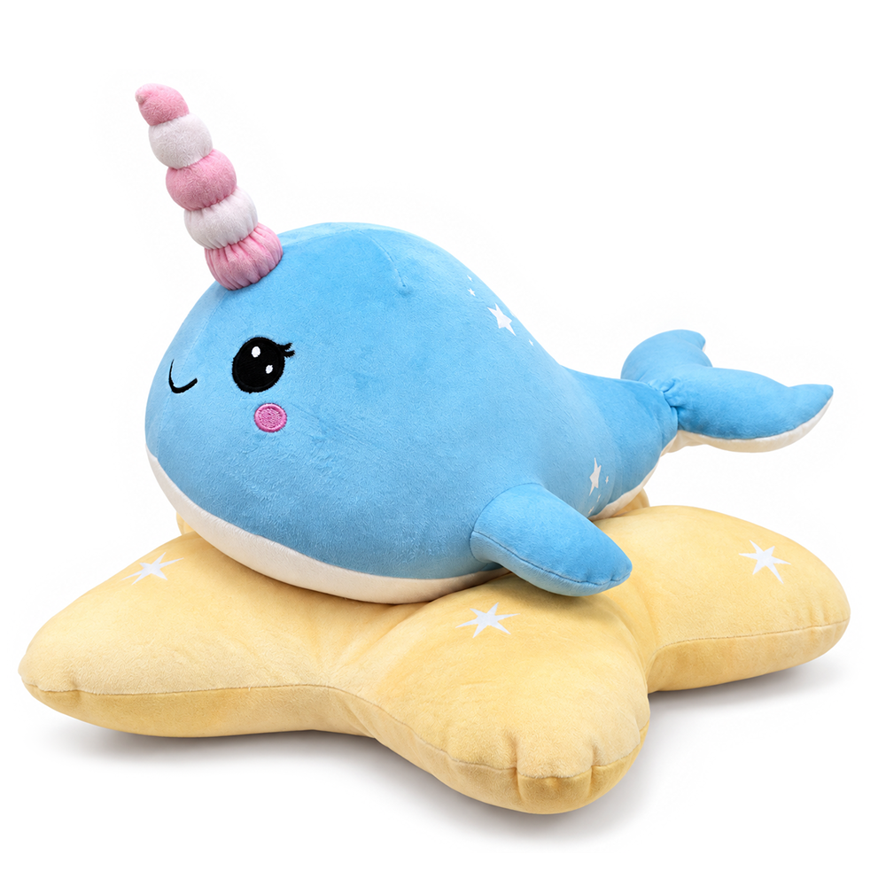 Celeste the Narwhal Plushie, Cute 17" Sea Unicorn Stuffed Animal on Star Pillow for Kids’ Gifts