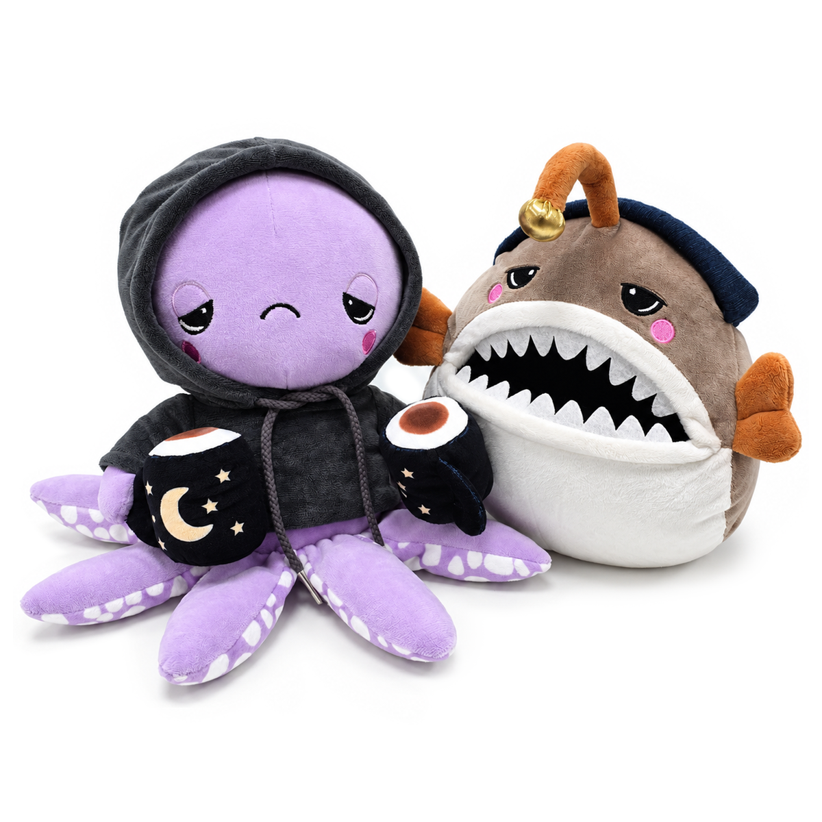 Lumi Anglerfish and Inky Octopus Plush Set, 9.7" Deep Sea Stuffed Animal Friends with Cocoa Mugs