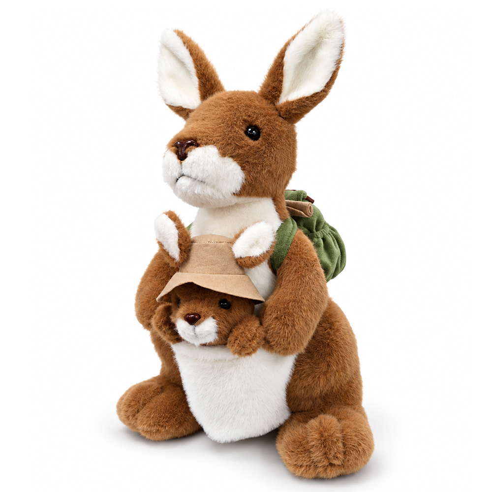 Roo & Joey Kangaroo Plushie, Adorable 14" Kangaroo with Baby Joey Stuffed Animal and Adventure Backpack