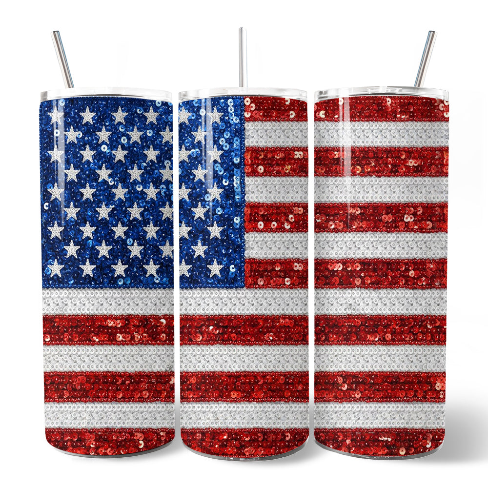 American Flag Sequin Print 20oz Personalized Patriotic Tumbler