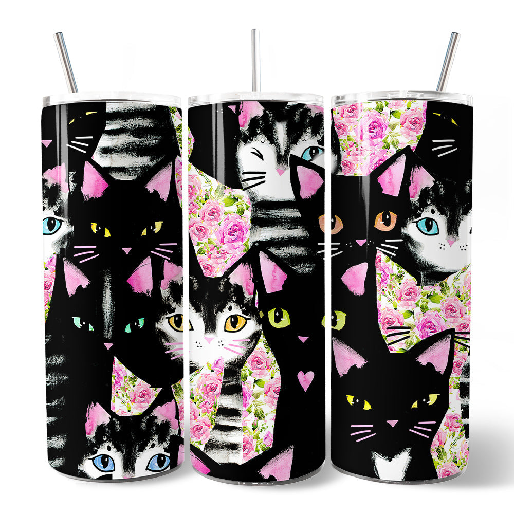 Black Cats and Pink Rose Floral 20oz Personalized Travel Tumbler