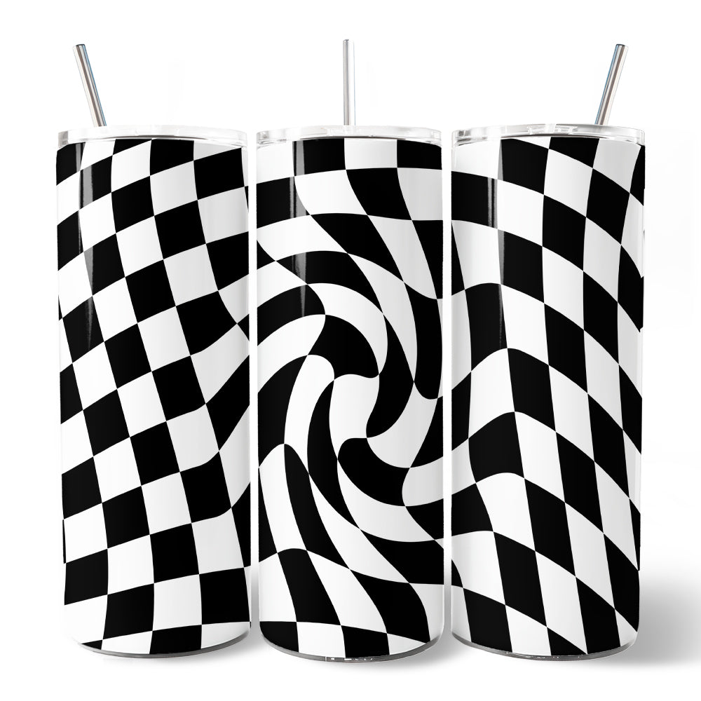 Black and White Checkerboard Swirl 20oz Travel Tumbler with Straw