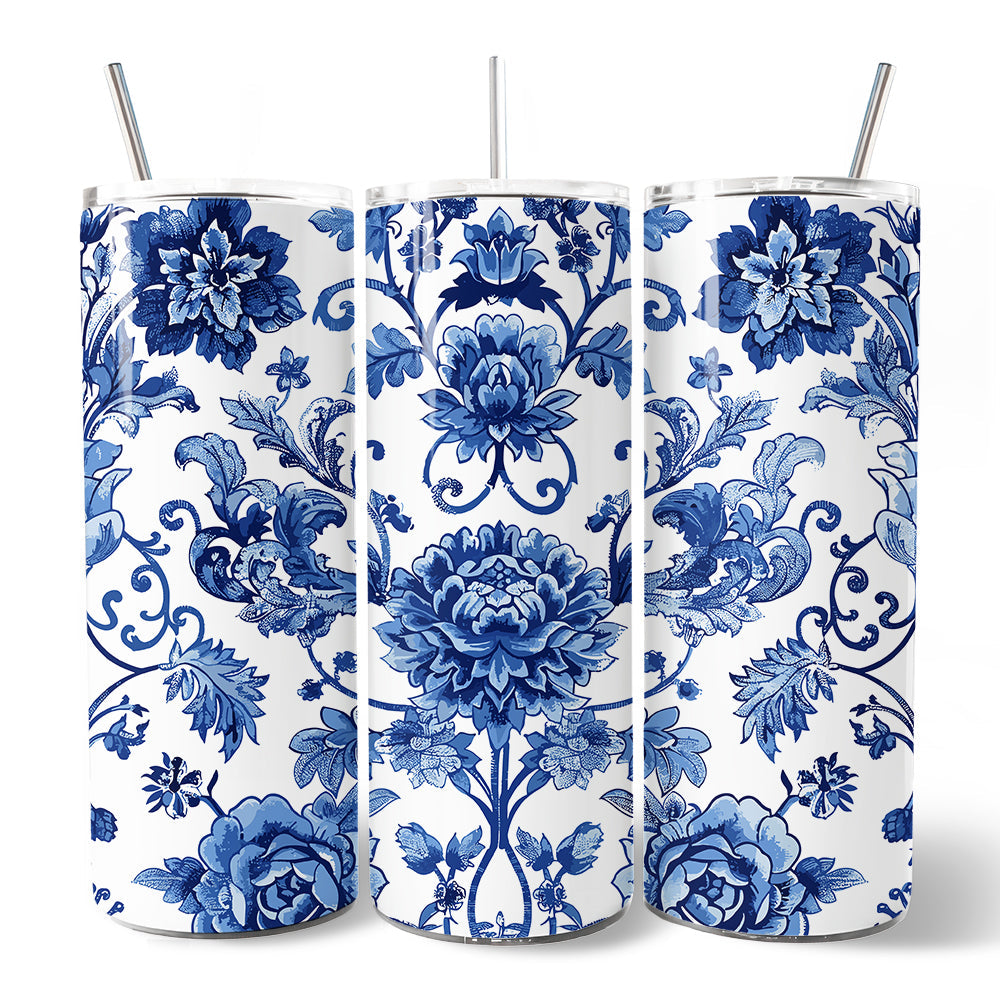 Blue and White Floral Chinoiserie 20oz Stainless Steel Cup