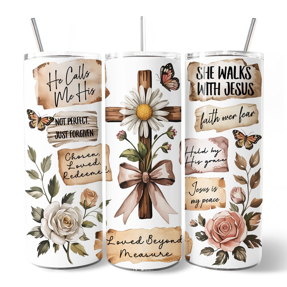 Boho Floral Christian Cross 20oz Personalized Travel Tumbler