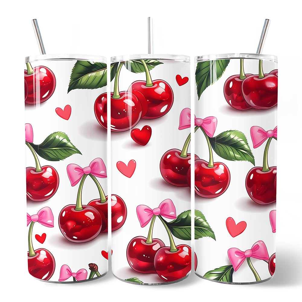 Cherry Bow Pattern 20oz Personalized Tumbler, Valentines Gift