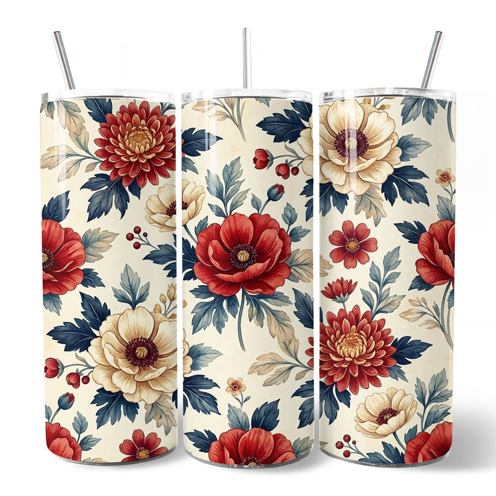 Red and Cream Floral 20oz Personalized Tumbler with Straw