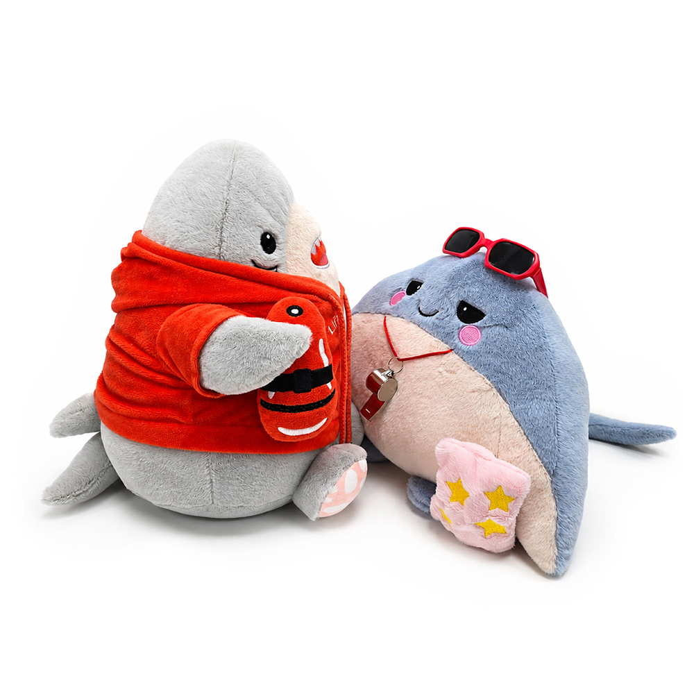 Finn Shark and Ray Stingray Lifeguard Plushie Set, 10.5" Funny Ocean Stuffed Animal Gift for Sea Life Lovers