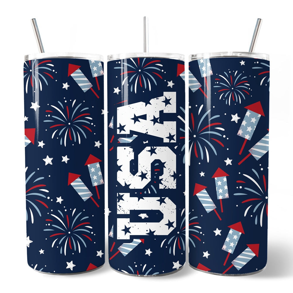 Fireworks USA Block Letters 20oz Tumbler, July 4th Patriotic Gift