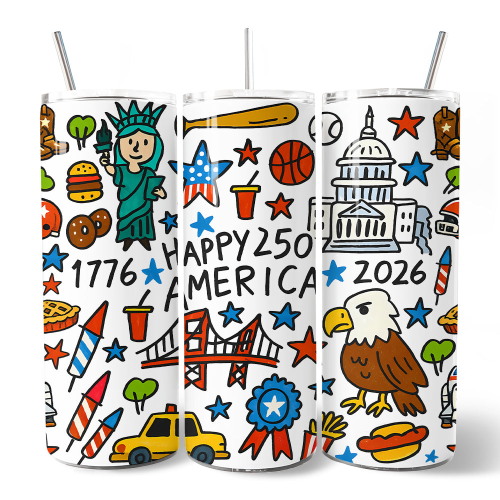 Happy 250 America Patriotic 20oz Stainless Steel Travel Tumbler