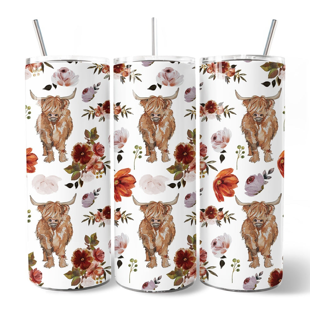 Personalized Highland Cow Floral 20oz Tumbler, Western Farmhouse