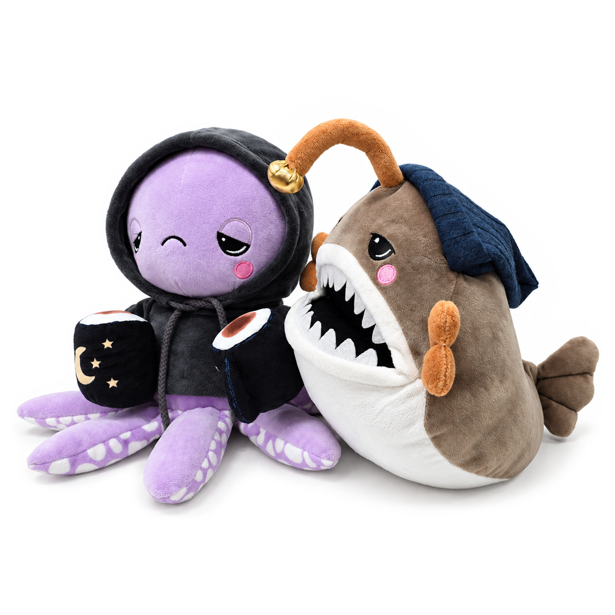 Lumi Anglerfish and Inky Octopus Plush Set, 9.7" Deep Sea Stuffed Animal Friends with Cocoa Mugs