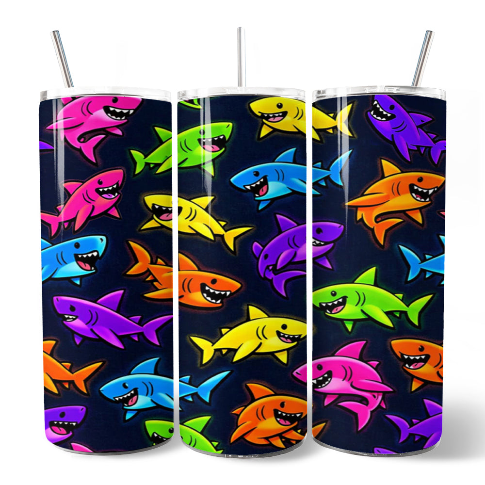 Neon Cartoon Shark 20oz Tumbler with Straw, Playful Ocean Animal Cup