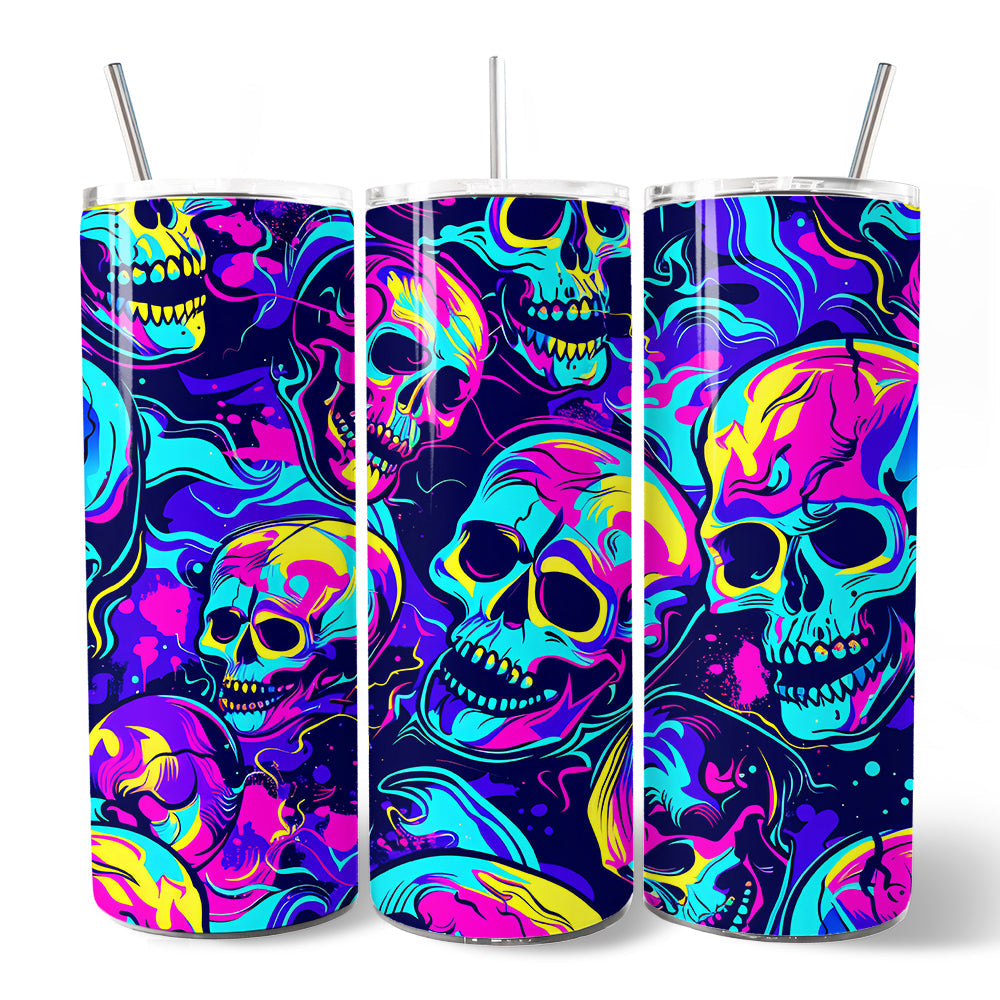 Neon Skull Chaos 20oz Personalized Tumbler, Gothic Travel Mug