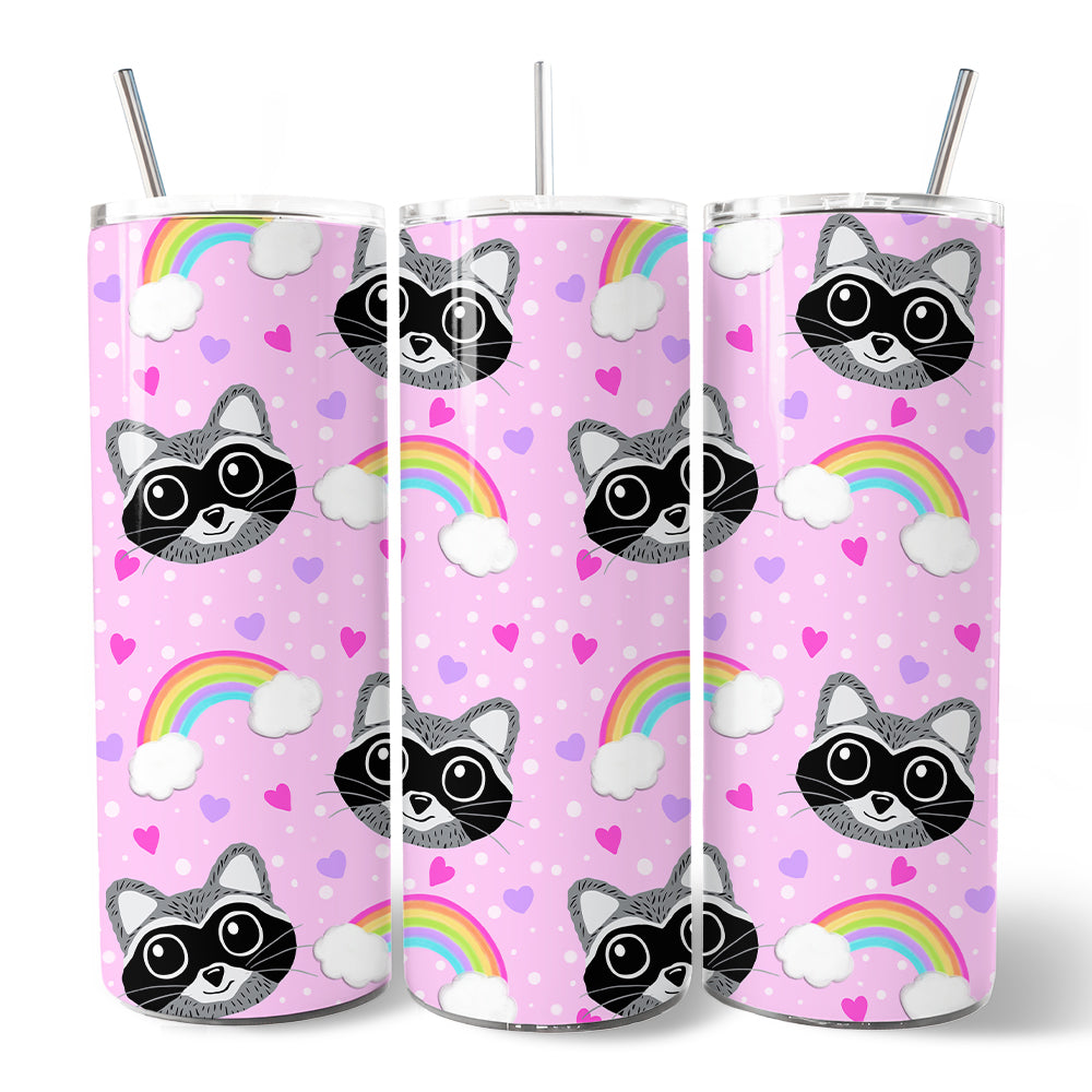 Pink Raccoon Rainbow Pattern 20oz Personalized Travel Tumbler