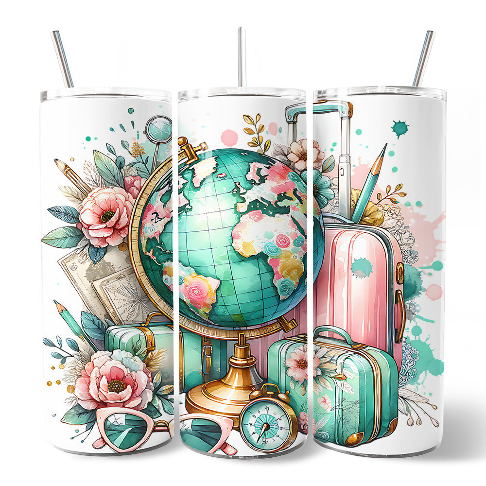 Pink and Teal Wanderlust Floral 20oz Personalized Travel Tumbler