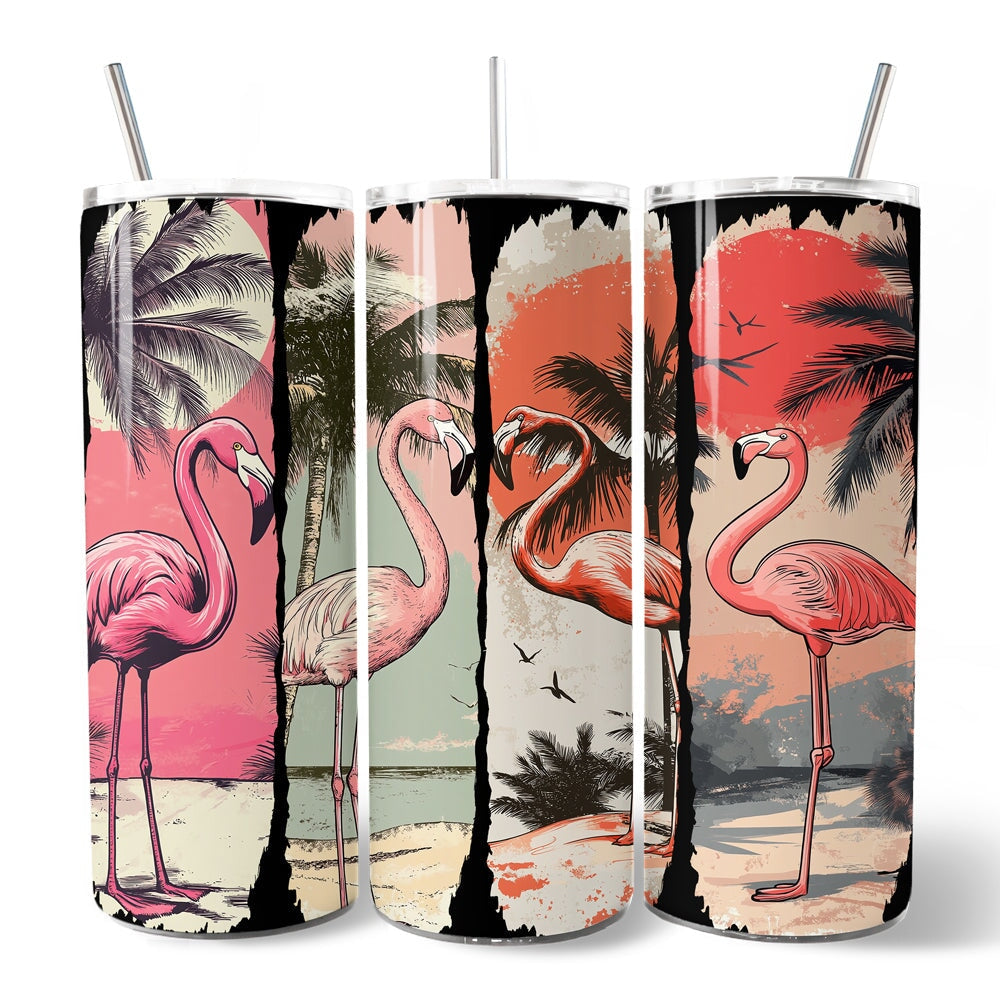 Retro Flamingo Beach 20oz Personalized Tumbler with Stainless Straw