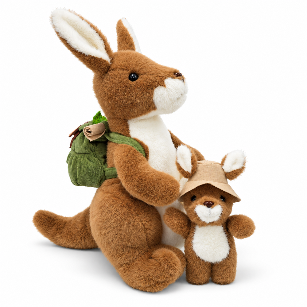 Roo & Joey Kangaroo Plushie, Adorable 14" Kangaroo with Baby Joey Stuffed Animal and Adventure Backpack