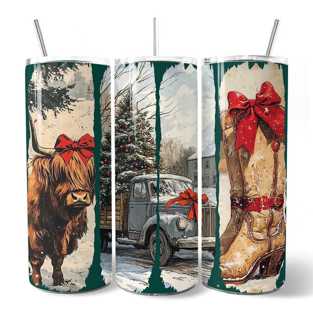 Small Town Christmas 20oz Tumbler, Highland Cow Rustic Western Gift